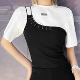 Camisa de cuello redondo de 2 piezas con top corto con alfileres